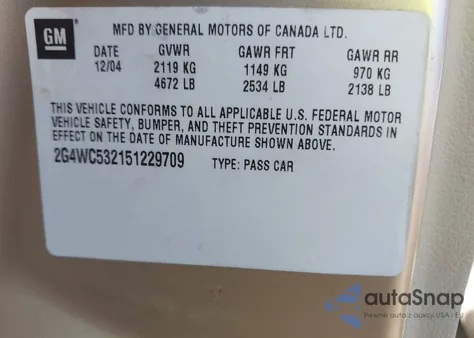 2005 Buick Lacrosse Cx z USA, uszkodzony, nr VIN 2G4WC532151229709